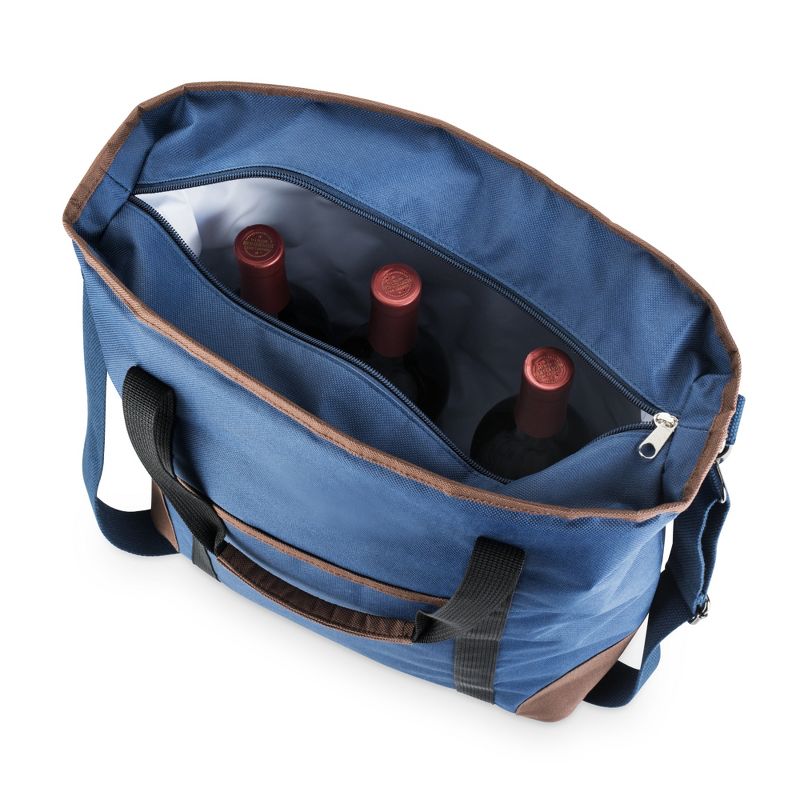 True Insulated Cooler Bag Wine Tote, Polyester and PEVA Lining, Removable Shoulder Strap, Front Pocket, 18" x 6" x 14.75", Blue, Set of 1, 2 of 5