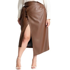 ELOQUII Women's Plus Size Wrap Front Faux Leather Midi Skirt - 1 of 4