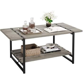 Whizmax 2-Tier Farmhouse 41'' Large Gray Wood Coffee Table with Storage Shelf for Home Office