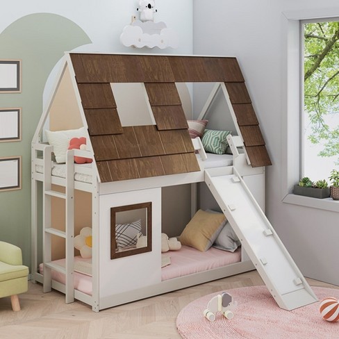 Cozy And Fun Wood Twin Size House Bunk Bed With Window Roof Shape Design With Ladder And Climbing Ramp For Kids Target