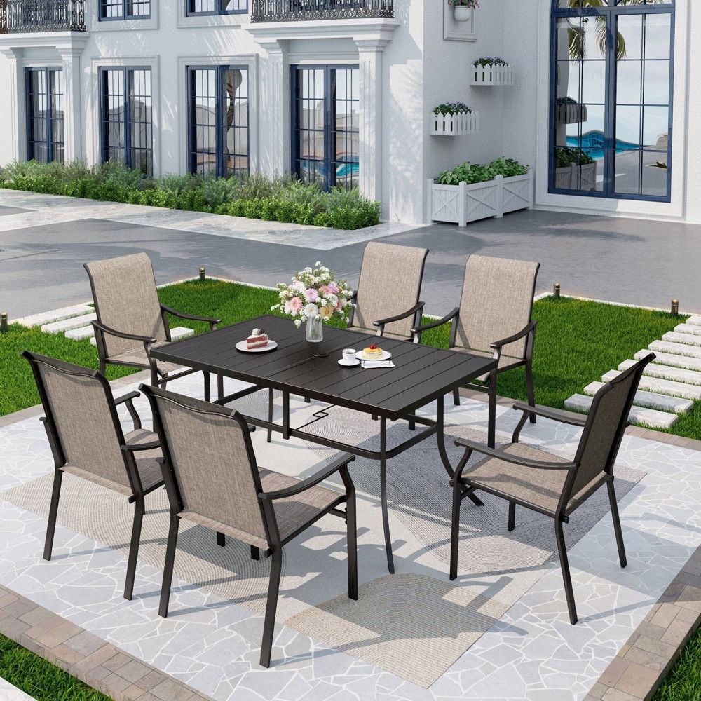 Photos - Dining Table 7pc Patio Dining Set with Rectangle Table with 1.57" Umbrella Hole & Sling Arm Chairs - Captiva Designs