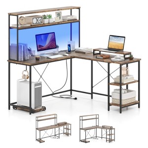 Costway L-Shaped Gaming Desk with LED Strip & Power Outlets Hutch Monitor Stand CPU Stand Brown/Black/Gray - 1 of 4
