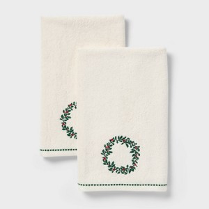 2pk Holly Wreath Christmas Hand Towels Cream - Threshold™ - 1 of 4