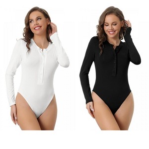 Allegra K Women's Full Button Crew Neck Long Sleeve Bodycon Romper Stretchy Body Shapers 2 Packs - 1 of 4