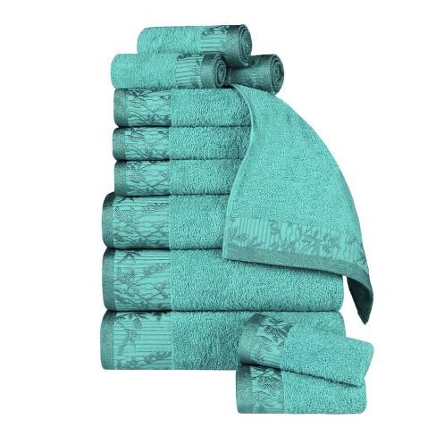 100% Cotton Medium Weight Floral Border 12 Piece Assorted Bathroom Towel Set,  Turquoise - Blue Nile Mills : Target