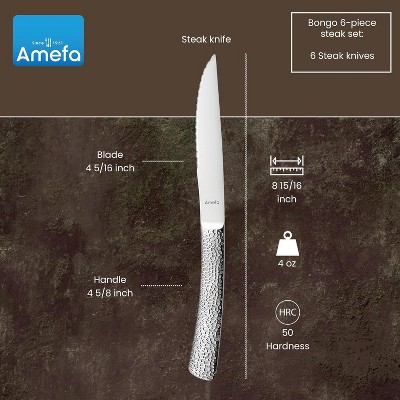 Amefa Bongo Steak Knives, Set of 6, Premium Hardened Stainless Steel, Hammered Ergonomic Handle Design, Micro Serrated Edge 4 Inch Blade Steak Knife