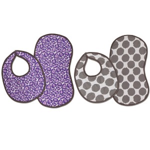 Bacati - Ikat Lilac/Gray Dots/Leopard Muslin 4 pc set of Bibs & Burp Cloths Set - 1 of 4