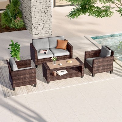 Sonkuki 4 Pieces Patio Conversation Set, Loveseat Sofa with Coffee Table, All-Weather PE Rattan Wicker Sofa