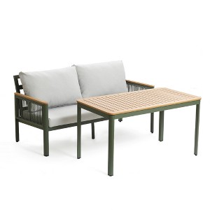 LuxenHome Outdoor Aluminum with Wood-Style Plastic Loveseat Sofa with Cushions and Coffee Table Set - 1 of 4