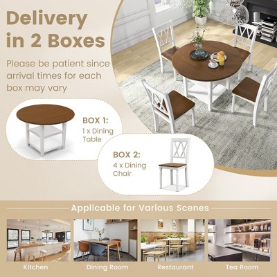 Walnut and White 5-Piece Round Dining Set with Drop Leaf Table