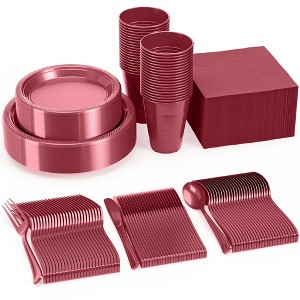 Crown Display 182 Pc Plastic Dinnerware Set: Includes 26 Each of 9''  Plates Disposable, 7'' Dessert Plates, 12oz Cups Napkins & Cutlery - 1 of 4