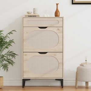 Rattan Shoe Cabinet with 2 Flip Drawers & 1 Pull-Out Drawer, 3 Adjustable Shelves, Narrow Freestanding Entryway Storage Cabinet, Wood - 1 of 4