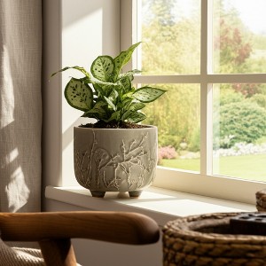 Ceramic Ceramic Planter with Textured Botanical Design, Footed Garden Pot for Home & Outdoor Decor - 5" Cream - 1 of 4