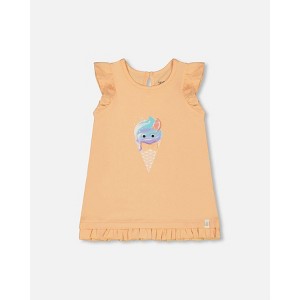 Deux par Deux Girl Organic Cotton Tunic with Frill and Print Light Orange and Ice Cream Cone - 1 of 4