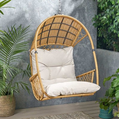Modern Boho Rattan Hanging Chair with Cushion,Indoor Outdoor Wicker Basket Swing Chair Without Stand for Living Room Patio-Coolbibila