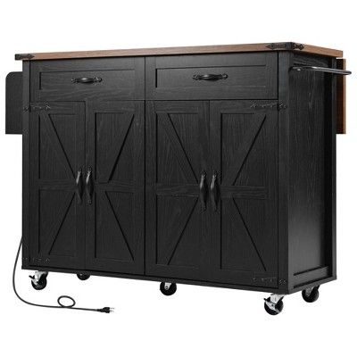 CLIHOME 53.5" Farmhouse Kitchen Island with Power Outlet, Rolling Kitchen Storage Cart with Drop Leaf, Spice Rack and Drawer