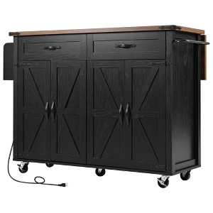 CLIHOME 53.5" Farmhouse Kitchen Island with Power Outlet, Rolling Kitchen Storage Cart with Drop Leaf, Spice Rack and Drawer - 1 of 4