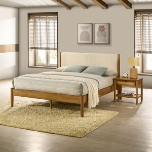 ORRD Queen Bedroom Set with Corduroy Headboard, 2-Piece Rubberwood Platform Bed & Nightstand, Light Walnut, No Box Spring Needed - 1 of 4