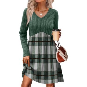 Long Sleeve V-Neck Sweater Dress 2025, Women's Empire Waist Babydoll Fall Dress with Pockets T-green Grey Plaid - 1 of 4