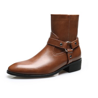 Santimon Men's Sleek Fashion Chelsea Ankle Boots, Pointed Toe, Side Zipper, Buckle Strap, Brown