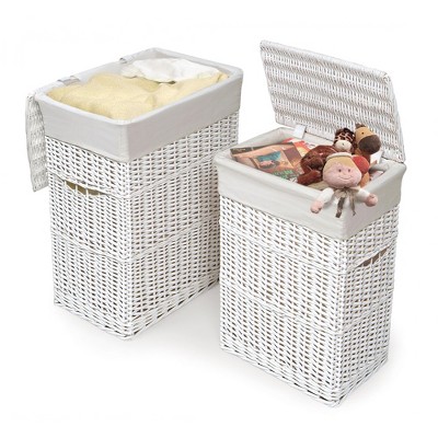 White Wicker Upright Hamper Set with Fabric Liners