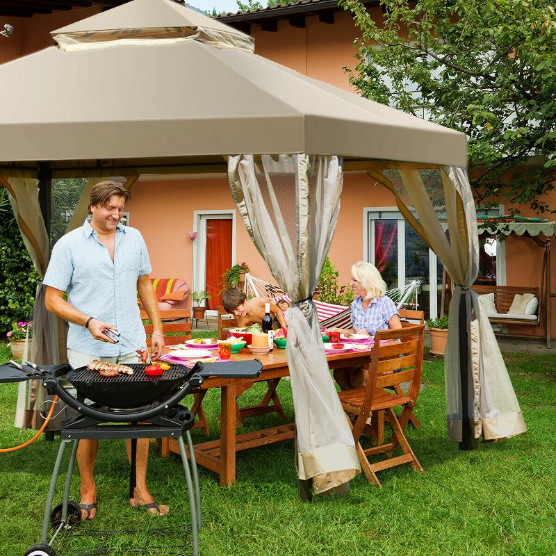 Costway Outdoor 2-Tier 10'x10' Gazebo Canopy Shelter Awning Tent Patio Garden Screw-free structure Brown, 3 of 9