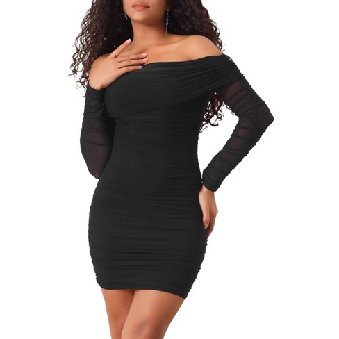 Allegra K Women s Long Sleeve Off Shoulder Ruched Mesh Party Bodycon Dress Black X Small