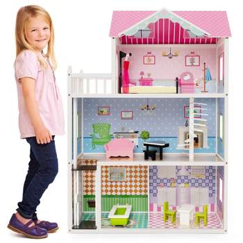 Costway ooden Dollhouse w/Working Elevator 3.7 FT Tall Deluxe Playhouse w/10-Piece Accessory Set 3-Story 5 Rooms Playhouse