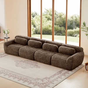 149 inch Brown Plush Fabric Boneless Sectional Sofa with Throw Pillows for Living Rooms ( Buckle Connection) - 1 of 4