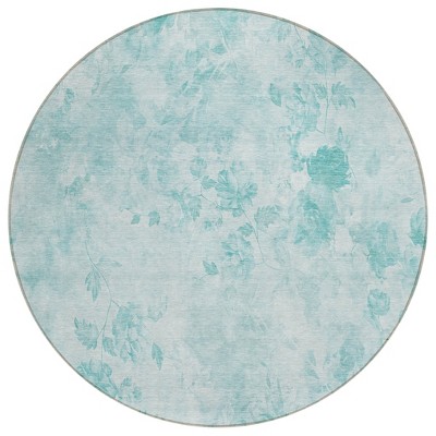 Aqua Teal Blue And Ivory Floral Washable Indoor Outdoor Area Rug