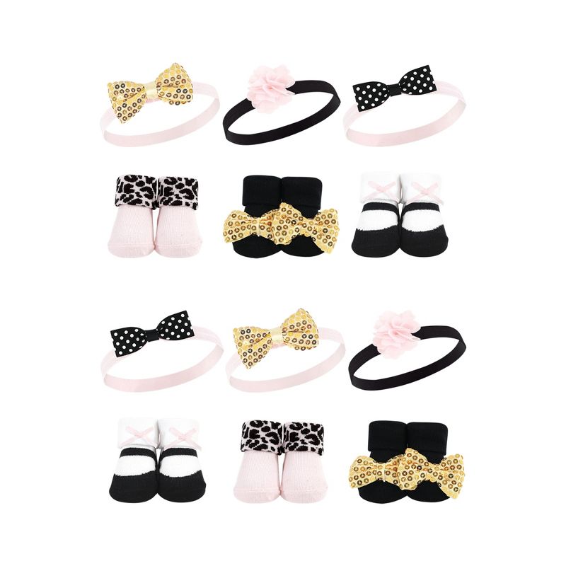 Hudson Baby Infant Girl 12Pc Headband and Socks Giftset, Gold Sequin, One Size, 1 of 3