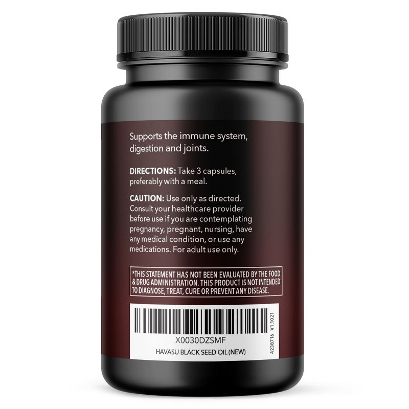 Black Seed Oil Nigella Sativa Capsules, Cold Pressed Organic Black Cumin Seed Oil for Hair Skin and Metabolism Support, Havasu, 90ct, 4 of 8