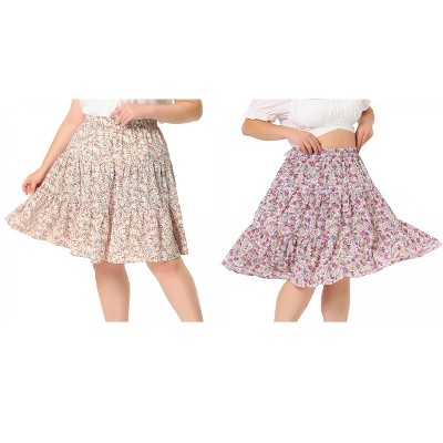 Agnes Orinda Women's Plus Size Elastic High Waist Ruffle Hem Pleated Midi Floral Print Skirts