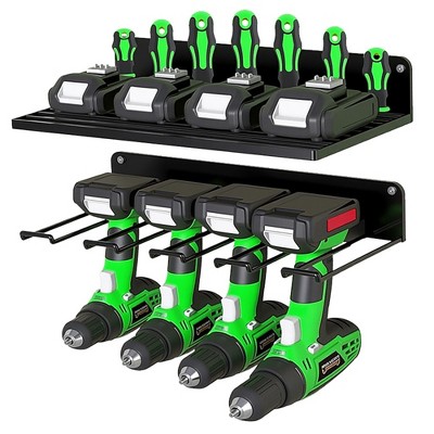 Angel Sar 2-Tier Heavy Duty Metal Power Tool Organizer with 4 Drill Holders, Wall Mount Tool Organizer with an Adjustable Shelf