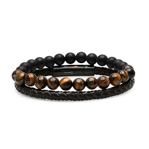 Steeltime Men's set of 2 brown leather braided bracelet and black lava and tiger eye beaded bracelet - 1 of 4
