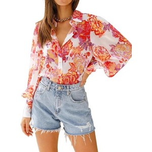 Zeagoo Womens Shirts Button Down Printed Lantern Long Sleeve Blouse Fashion Casual Tops - 1 of 4