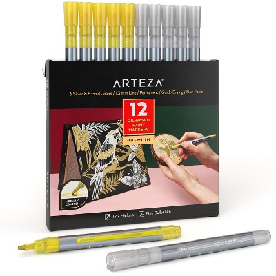Arteza Small Bullet-Nib Oil-Based Markers, Metallic colors: Silver & Gold - 8 Piece (ARTZ-4184)