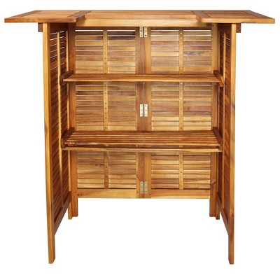 Solid Acacia Wood Brown Patio Bar Table with Storage Shelves