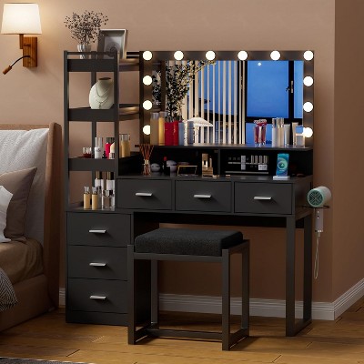 PAKASEPT 48" Makeup Vanity Desk with Stool and Charging Station, White Vanity Set Makeup Table with Mirror and Lights, Movable Shelves