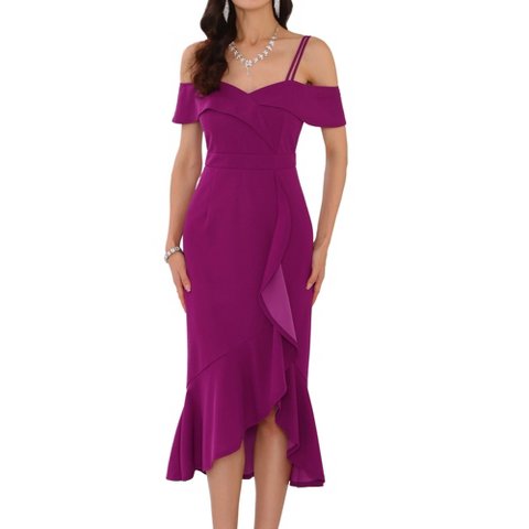 Женские платья INSPIRE CHIC Women's Ruffle Dresses Spaghetti Strap Sweatheart Neck Cocktail Midi Dress Purple Medium