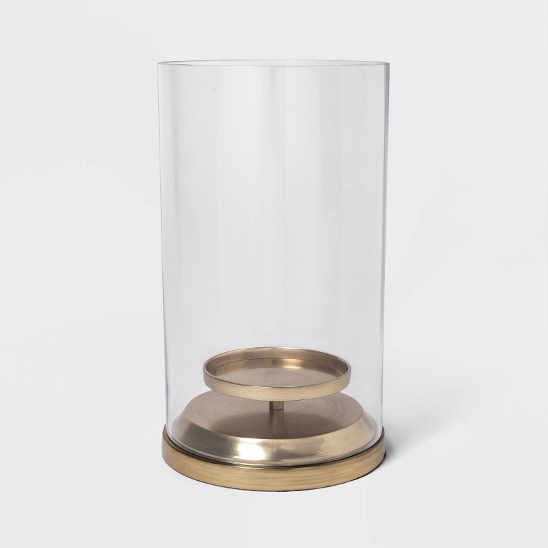 12" x 6.5" Brass and Glass Hurricane Pillar Candle Holder Gold/Clear - Threshold&#8482;, 1 of 3