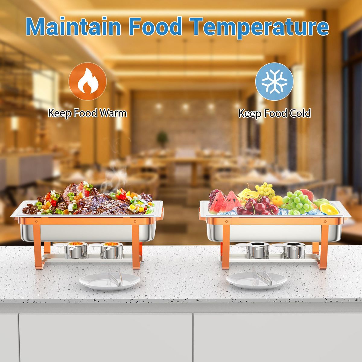5QT/8QT Stainless Steel Chafing Dish, 2pcs Rose Gold Rectangular/Round Buffet Food Warmers, Ideal for Catering, Weddings, Parties - thumbnail 7