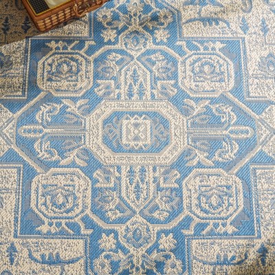 Beach House Blue and Cream Square Synthetic Rug