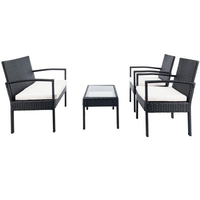 Bassey Black Wicker 4-Piece Patio Set with Beige Cushions