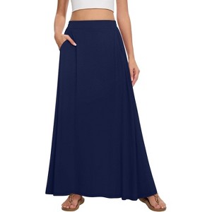 Women's 2025 Maxi A-Line Skirt - Elastic High Waist Flowy Long Skirt with Pockets Navy Blue - 1 of 4