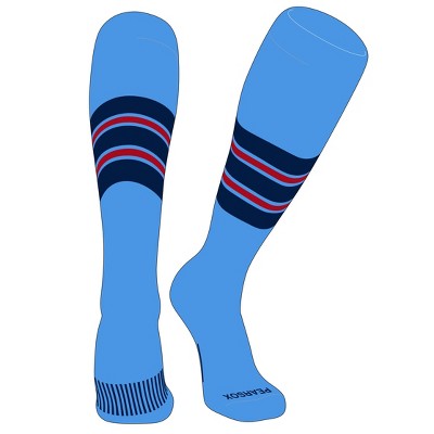 PEAR SOX Striped OTC Baseball, Softball, Football Socks (E) Sky Blue, Navy, Red