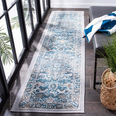 Navy and Grey Geometric Synthetic Indoor/Outdoor Runner Rug
