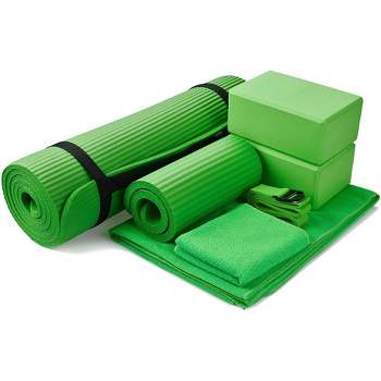 BalanceFrom Fitness 7 Piece Home Gym Yoga Set with 0.5 Inch Thick Yoga Mat, 2 Yoga Blocks, Mat Towel, Hand Towel, Stretch Strap, and Knee Pad, Green