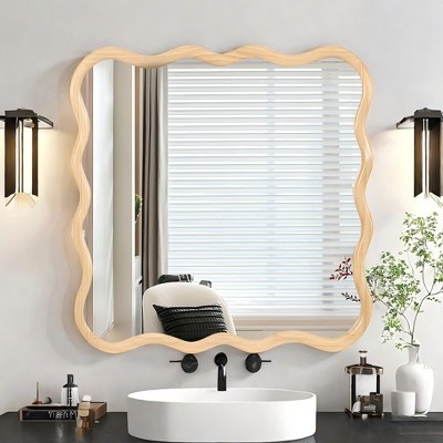 FURNIinspire Decorative Wall Mirrors Solid Wood Wavy Square Mirror, Modern Mirror Wall Decor For Bathroom, Bedroom, Living Room, White, 35.8"*35.8"