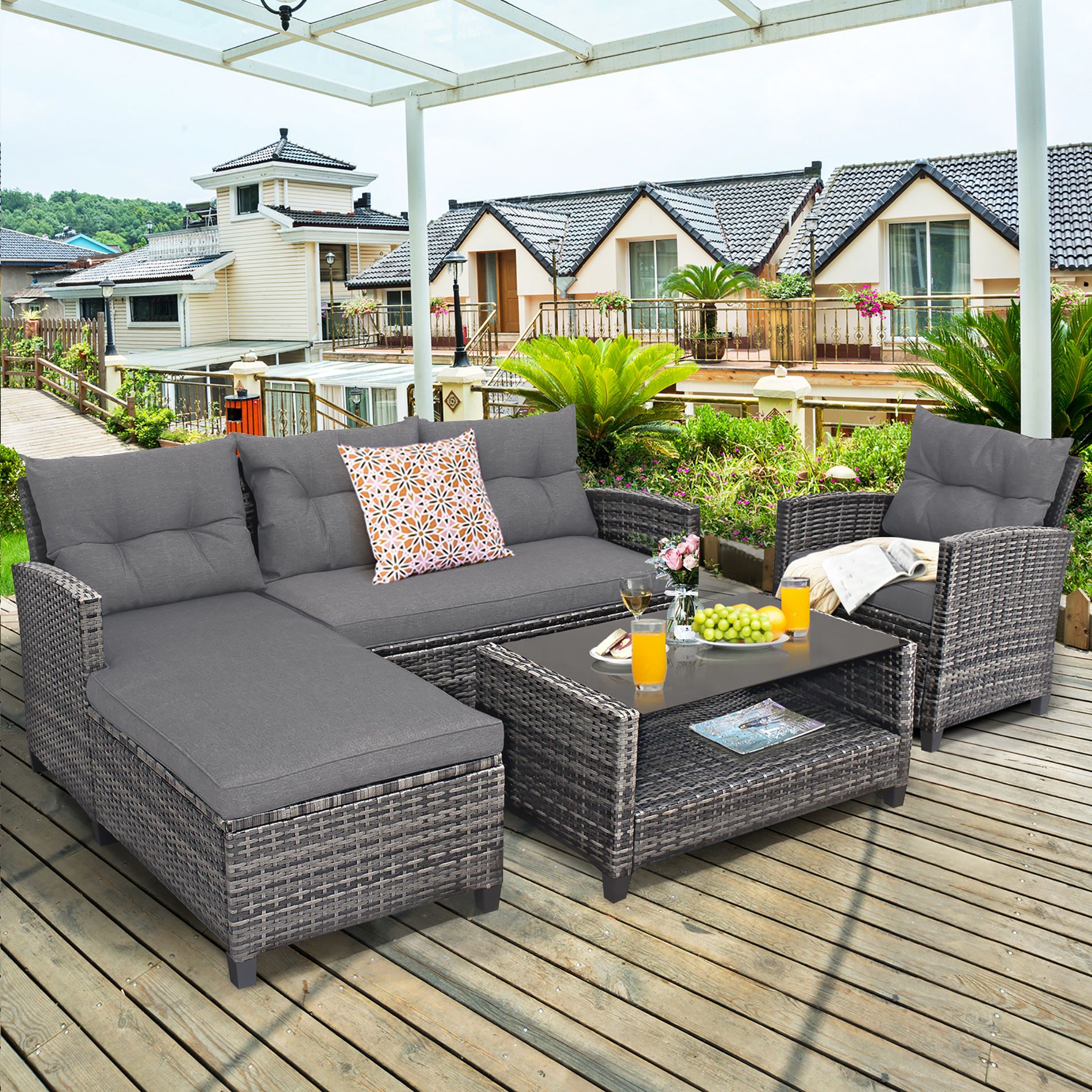 Costway 4PCS Patio Rattan Furniture Set Cushioned Loveseat Table Shelf Gray